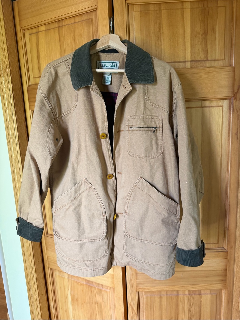 L.L. Bean Jacket in Tan with Dark Brown and Forest Green Accents